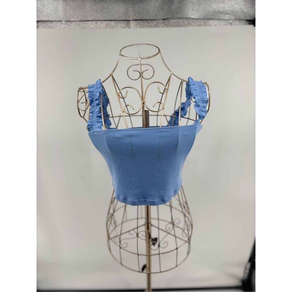 Aritzia Sunday Best Women's Blue Cropped Stretch Ruffle Strap Tank Size Medium